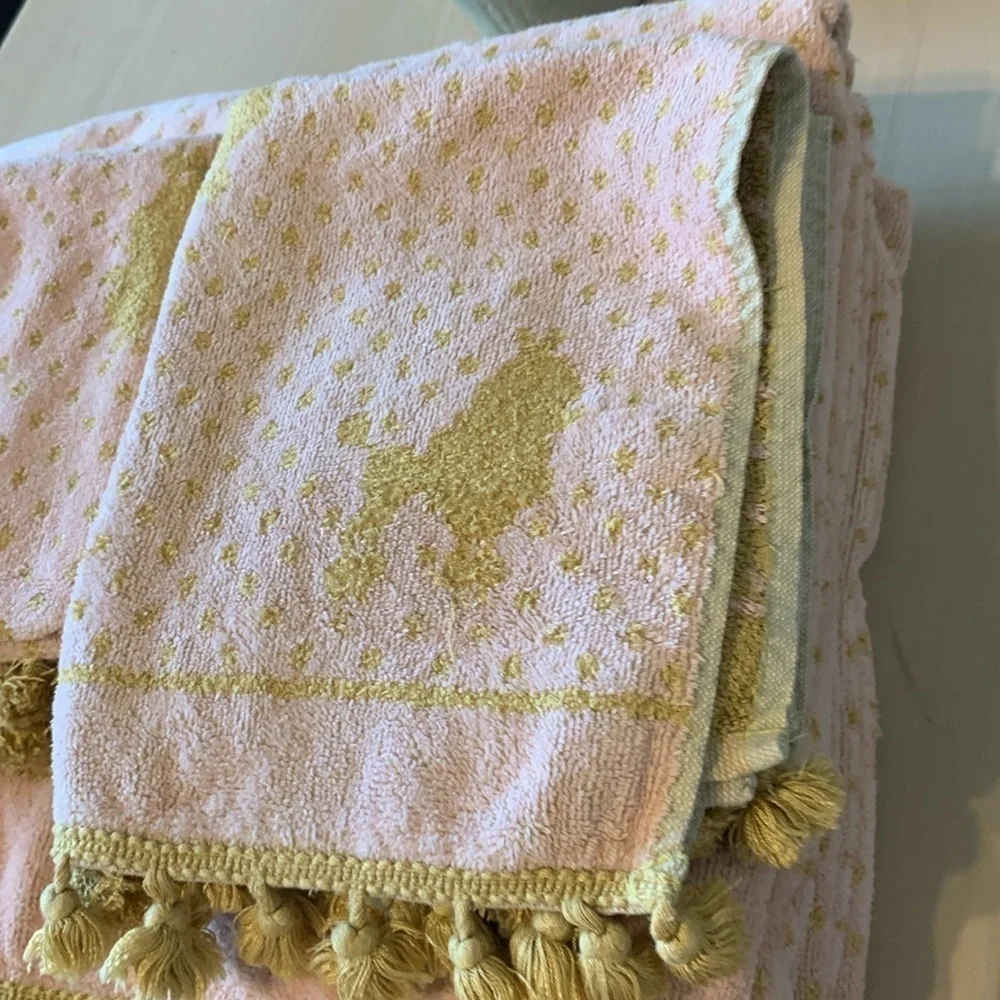 Besana Made in Italy pink & Gold Reversible Towel  POODLES Tassel Fringe vintage